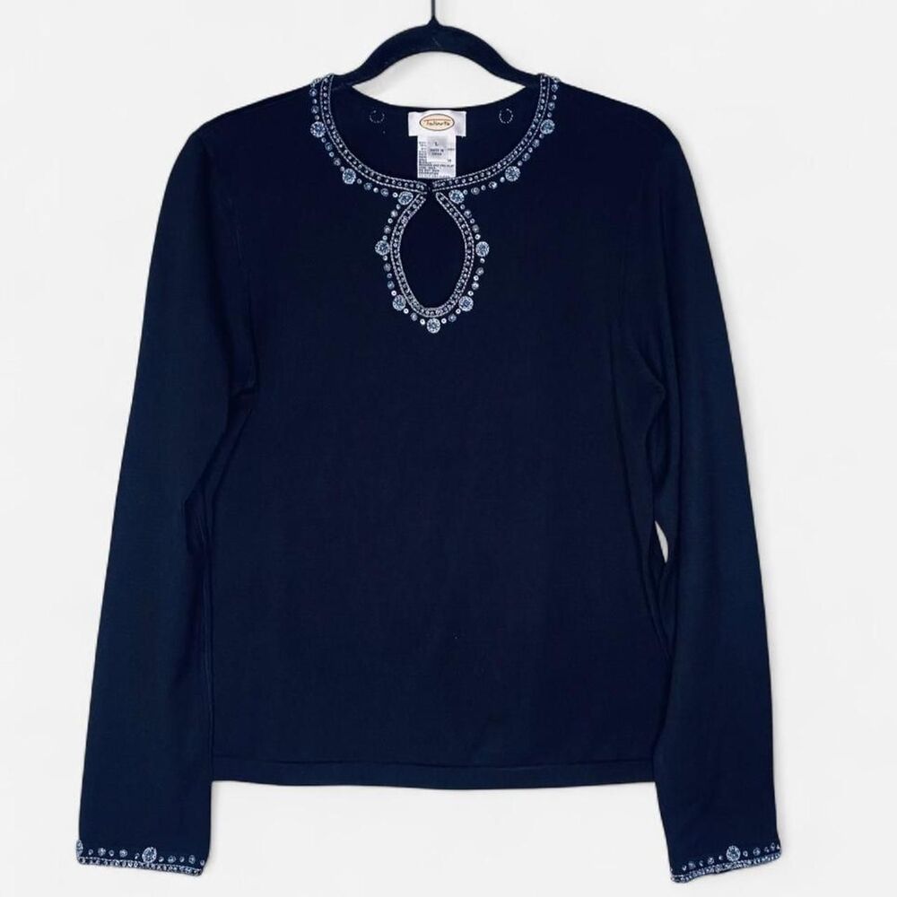 Talbots Women's Black Blue Beaded Jewel Keyhole Neckline L